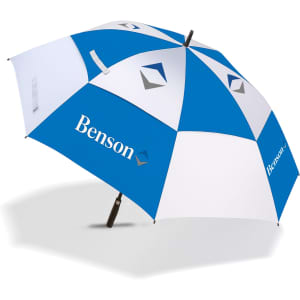 A full colour sports umbrella featuring blue and white panels, with a logo on its surface.