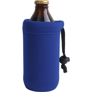 A drink bottle holder in bright blue neoprene, featuring a drawstring closure. The holder has subtle stitching and a bottle inside.