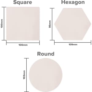 A set of cream coasters in square, hexagon, and round shapes, each with specified dimensions. Each has a logo.