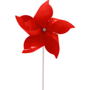 A five-leaf pinwheel in bright red, featuring glossy petals, mounted on a white stick.
