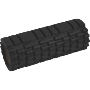 A black foam yoga roller with a textured surface, featuring a cylindrical shape and a solid core.