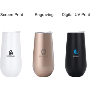 Three vacuum champagne flutes in white, gold, and black, each featuring a logo or branding.