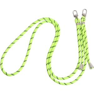 A vibrant neon green adjustable phone lanyard with a back clip and metallic attachments.