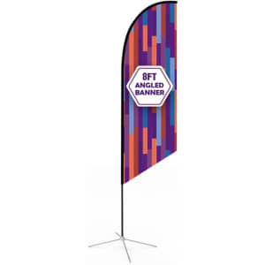 A medium angled feather banner in vibrant purple and orange patterns with a logo at the centre.
