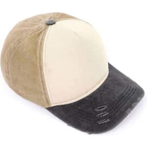 A distressed cotton baseball cap featuring a beige and grey colour scheme with a worn look. It has a logo present.