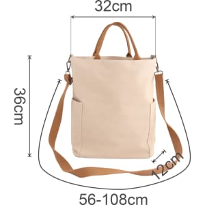 A vintage style canvas bag in beige with brown straps, featuring dimensions of 32cm x 36cm x 12cm.
