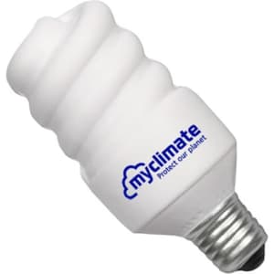A white, light bulb-shaped stress reliever with a logo, featuring a screw base design.