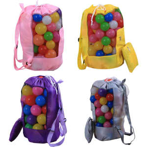 A foldable mesh drawstring backpack in pink, yellow, purple, and grey, filled with colourful balls. Features a logo.