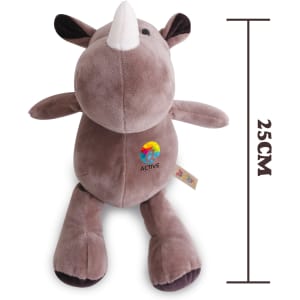 A plush rhinoceros toy in brown, approximately 25 cm tall, with a logo on its body.
