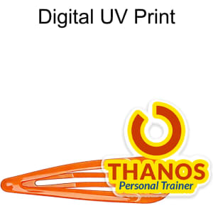 An orange hair clip with a simple design. It features a logo and digital UV print on the side.