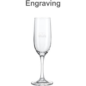 A classic, clear wine glass with a long stem and an engraved logo.