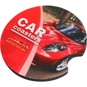 A round, full-colour car coaster featuring a red sports car design and a logo.