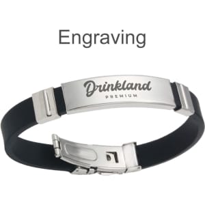 A metal folding lock clasp bangle featuring a black band and a silver engraved metal clasp with a logo.