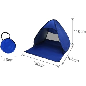 A blue pop-up beach tent with dimensions, alongside a compact carry bag, ideal for leisure and outdoor use.