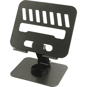 A foldable metal tablet stand in black, featuring a sturdy base and adjustable holder for devices.