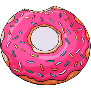 A custom-shaped beach towel, featuring a bright pink donut design with colourful sprinkles. It has a logo on it.