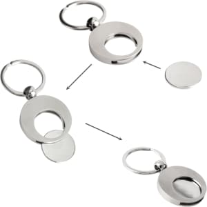 A round silver keyring featuring a detachable coin, designed with a simple, sleek look.
