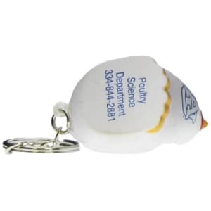 A keyring featuring a white rooster-shaped stress reliever with a branding logo.