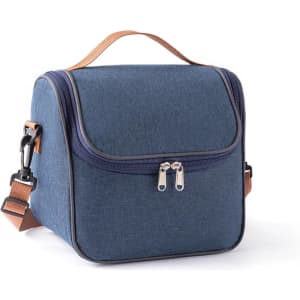 A navy blue customizable lunch bag with a zip closure and a detachable strap. It includes a carry handle.
