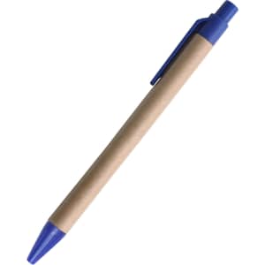 A kraft paper ball pen with a blue plastic tip and clip. The barrel is made of natural kraft paper.