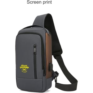 A grey and brown anti-theft sling bag with a single shoulder strap and a logo on the front.