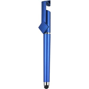 A blue 3 in 1 QR Code pen with a clip and a stylus tip at the end. The pen has a smooth metallic finish and a logo.
