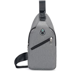A grey sling chest bag with a zippered pocket and adjustable strap, featuring a logo on the front.