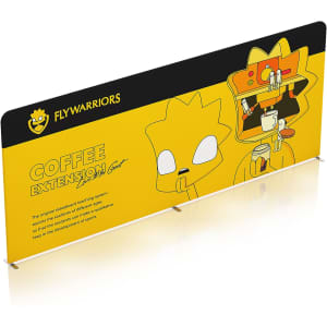 A 6m straight tension fabric display wall featuring a vibrant yellow background with cartoon characters and a logo.