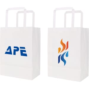 Flat handle kraft paper bags in white, featuring logos on both sides. Dimensions are 175x240x110mm.
