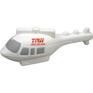 A white helicopter-shaped stress reliever with a grey cockpit and a branding logo on the side.