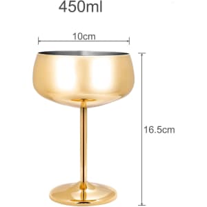 A gold stainless steel cocktail coupe with a polished finish, measuring 16.5 cm tall and 10 cm wide, featuring a logo.