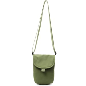 A small size canvas shoulder bag in a muted green colour with an adjustable strap and a flap closure.