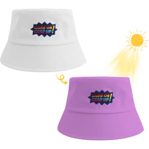 A colour changing bucket hat in white and purple, featuring a logo. Sun graphic indicates colour change.