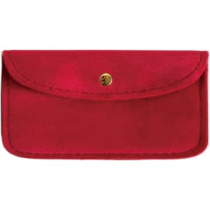 A red velvet glasses pouch with a flap and a gold snap closure, featuring a simple design.