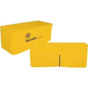 A fitted tablecloth with a zipper back, in a vibrant yellow colour, featuring a logo.