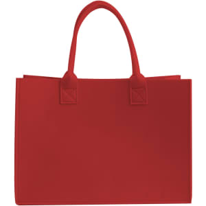 A red felt tote bag with two sturdy handles and a plain design, featuring a logo on one side.