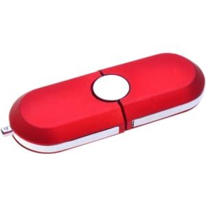 A red flash drive with a silver accent and a circular button, featuring a logo on its surface.
