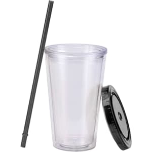A clear 16oz plastic cup with a black lid and straw, featuring a sleek design.