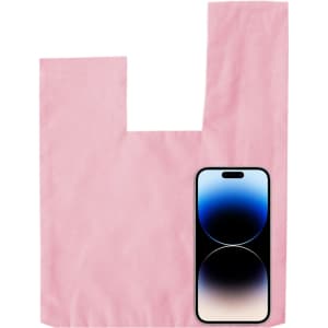 A pink cotton wrist bag displayed alongside a smartphone, featuring a simple design and a branding logo.