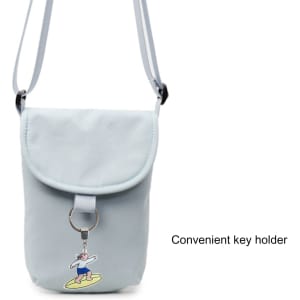 A small grey canvas shoulder bag with a flap and a key holder attached, featuring a simple design.