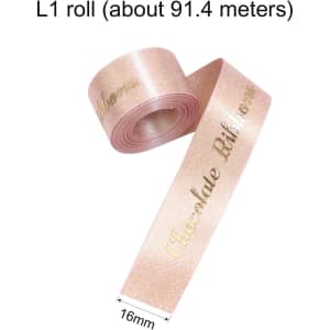 A roll of glitter gold purl satin ribbon, approximately 91.4 metres long and 16mm wide.