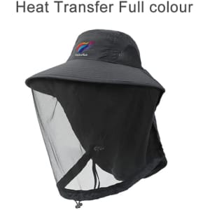 A black mosquito mesh hat with a wide brim and a mesh face shield. It features a logo on the front.