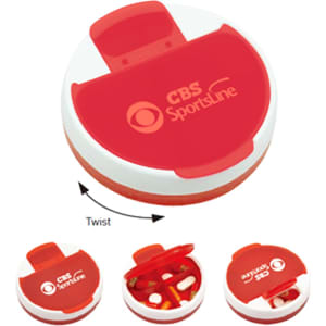A round, red pill box with a white lid and a logo, featuring segmented compartments for organisation.