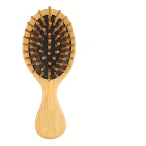 A bamboo comb featuring a rounded design with wooden bristles and a black base, ideal for hair styling.