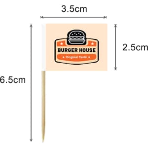 A pack of 100 coated paper flags with a beige background, featuring a logo and measurements displayed.