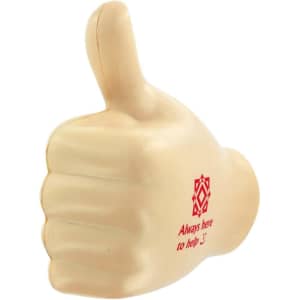 A beige thumb-shaped stress reliever with a logo and text printed on it.