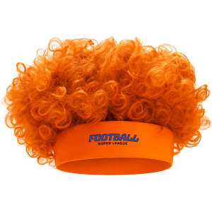 An orange headband wig with a voluminous curly afro design, featuring a logo on the band.