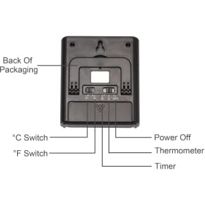 A black digital oven thermometer with several buttons and switches on the back of its packaging.