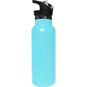 A drink bottle in a turquoise colour with a black flip valve lid, featuring a logo.