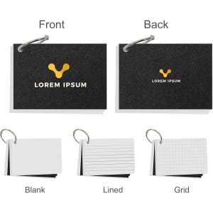A7 pearlescent index cards with a ring, featuring black, lined, blank, and grid card options. Includes a logo.